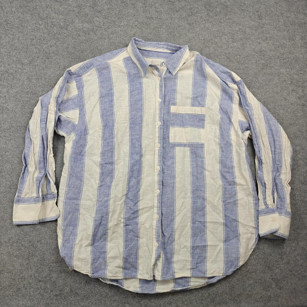 Maeve Button-Up Tunic Womens 1X Blue Striped Linen Cotton Relaxed Fit Casual